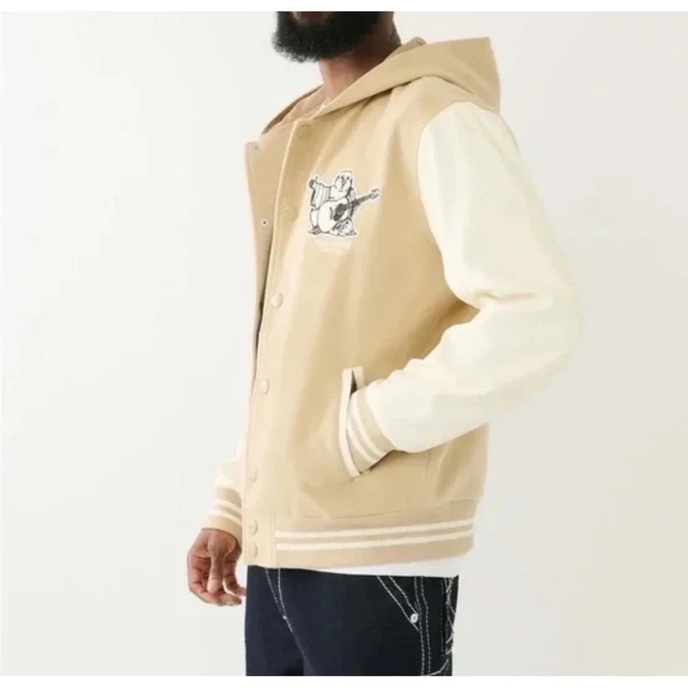 True Religion Varsity Jacket Two Toned Buddha Hooded Cream White Men's Medium